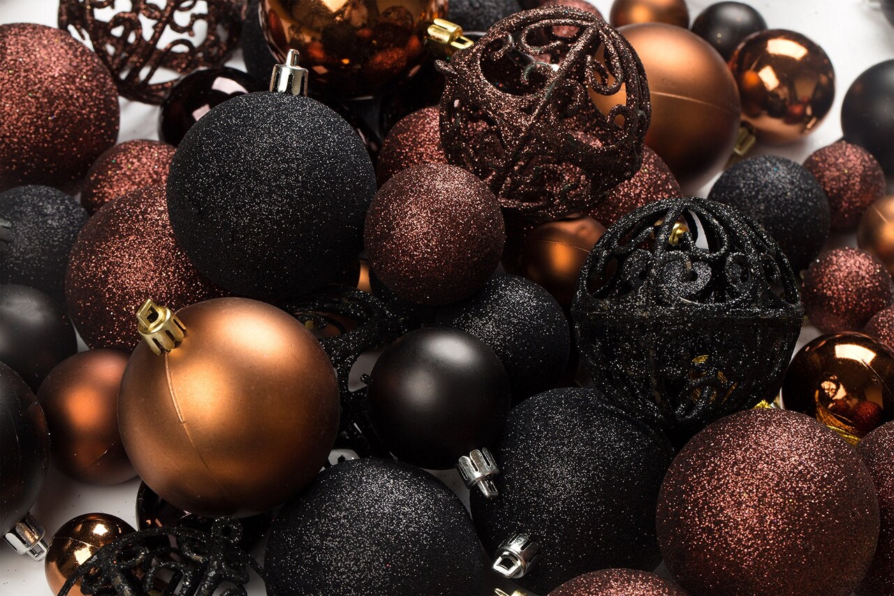 100 Shatterproof Christmas Ornament Balls - Christmas Ornaments For Christmas Tree Home Wedding Or Parties Decorative Ball (Sizes, 1.2" 1.6" & 2.4" ) (Black & Brown)